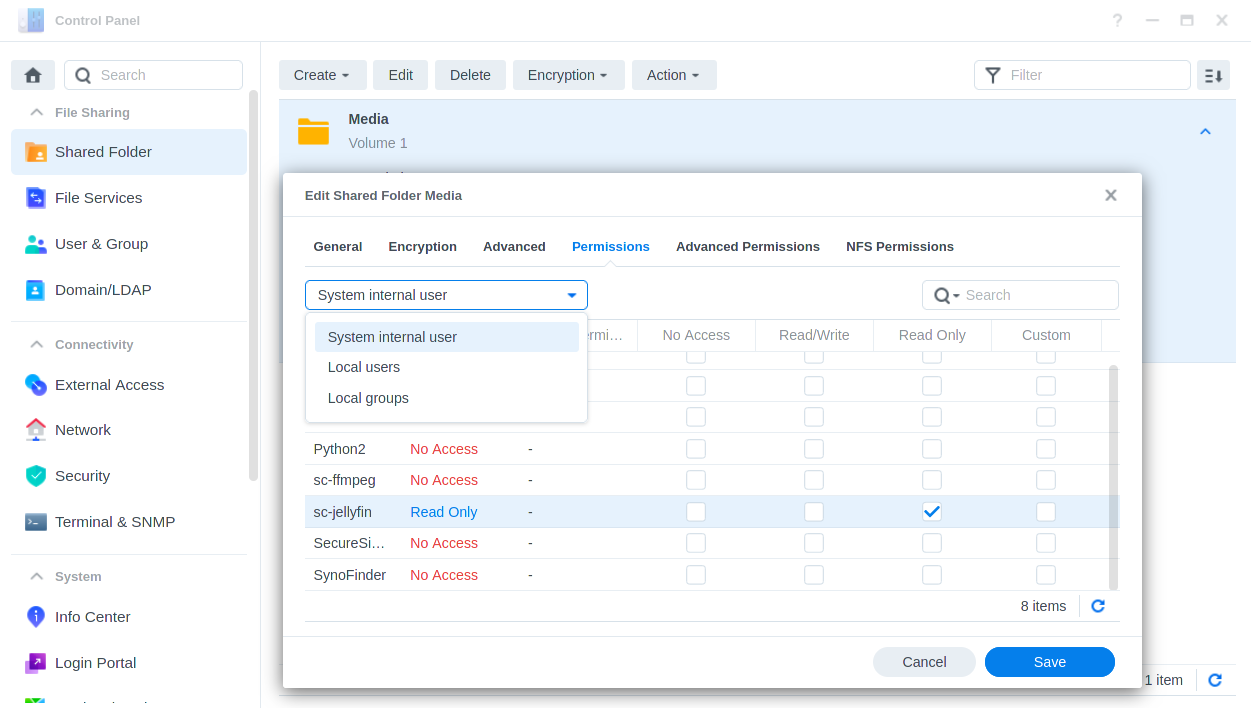 Shared Folder permissions in Control Panel